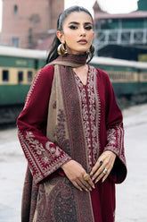 IZEL - 3PC DHANAK EMBROIDERED SHIRT WITH TWILL PRINTED SHAWL AND TROUSER - HZG1878